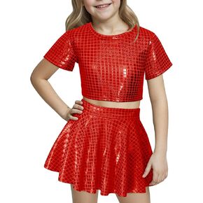 Happy Cherry 2Pcs Girls Dance Set Metallic Crop Tops with Pleated Skirt Kids Short Sleeve Shiny Jazz Disco Outfits 3-13Y