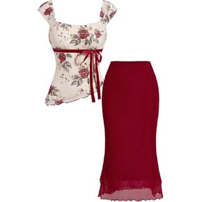 MakeMeChic Teen Girl's Y2k Summer 2 Piece Outfit Floral Print Square Neck Knot Mesh Tops and Mesh Skirt Set