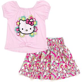 Hello Kitty Girls Square Neck T-Shirt and Smocked Skirt Outfit Set Toddler to Big Kid Sizes (4T - 14-16)