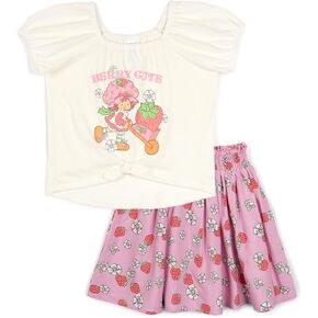 Strawberry Shortcake Girls Square Neck T-Shirt and Smocked Skirt Outfit Set Toddler to Big Kid Sizes (2T - 10-12)