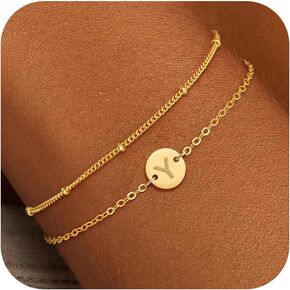 Gold Bracelets for Women Girls Gifts - 18K Gold Plated Letter Initial Bracelet Dainty Disc Monogram Charm Bracelet Gold Initial Bracelets for Women Teen Girl Gifts Trendy Stuff