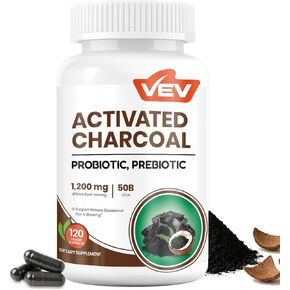كبسولات الفحم المنشط VEV 1200mg مع قذيفة جوز الهند العضوية ، البروبيوتيك والبريبية-120 كبسولات بحجم السفر-نباتي وخالي من الغلوتين وغير المعدلة وراثيًا