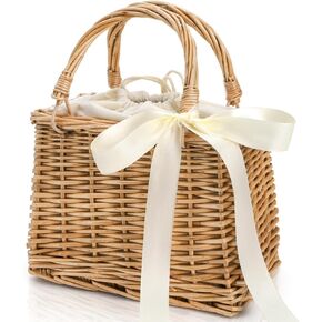Handwoven Rattan Handbag, Wicker Rectangle Basket Purse with White Ribbon, Summer Beach Top Handle Clutch, Boho Style Woven Purse, Rustic Flower Basket for Women, Travel, Vacation, Wedding