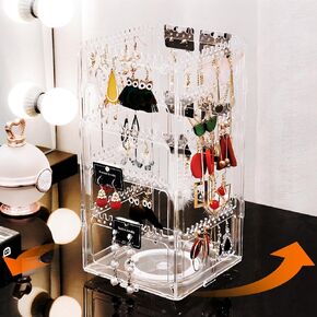 360° Rotating Jewelry Organizer Stand with 5 Layers,Acrylic Earring Holder Organizer Stand,228 Holes & 232 Grooves for Studs,Dangly Earrings,Chains,Bracelets,Necklace