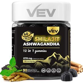 VEV Shilajit for Man with Ashwagandha Gummies, Sea Moss, Black Seed, Vitamin D3, L-Theanine and More | Vegan | No Added Sugar | 90 Chews for Daily Energy & Wellness