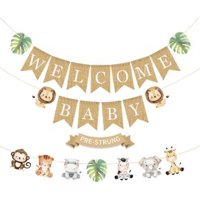Pre-Strung 6ft Burlap Welcome Baby Banner for Safari Baby Shower Decorations Neutral Jungle Animals Gender Reveal Party Decor