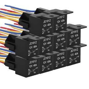10 Pack JD1912 Car Relay Kit, 12V 40A, SPST 4 Pin, 40A Automotive Relay, Automotive Switches and Starters, with Interlocking Relay Socket and Wiring Harness (10)