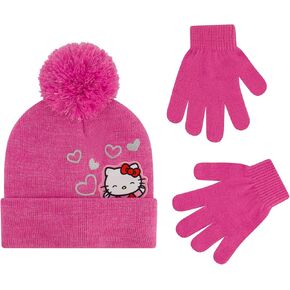 Hello Kitty Girls Beanie Hat و Gloves مجموعة ، غطاء متماسد مكب