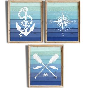 Nautical Art Prints (Set of 3) - Unframed - 8x10s | Classic Maritime-Themed Artwork Featuring Anchors, Sailboats, and Lighthouses | Bathroom Wall Décor | Wall Décor For Bedroom | Wall Art Set