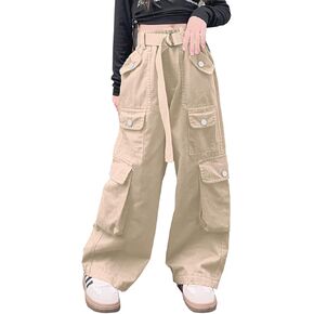 AOWKULAE Girls Loose Casual Pants Cargo Pants Waist Wide Leg Pants Kids 6-14 Years