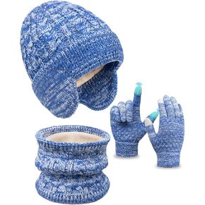 Kids Winter Hat Gloves Scarf Set,Toddler Girls Boys Beanie Hat with Earflaps,Knit Mittens & Neck Gaiter Warmer for Kids 4-12