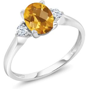 10K White Gold Gemstone Birthstone & White Created Sapphire 3-Stone Engagement Ring | Oval 8X6MM Center with Round 2.5MM Accents | Three Stone Wedding Anniversary Promise Ring For Women | Sizes 5-9