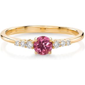 Gem Stone King 10K Yellow Gold Pink Tourmaline and White Lab Grown Diamond Engagement Ring For Women (0.34 Cttw, Round 4MM, Gemstone October Birthstone, Available In Size 5, 6, 7, 8, 9)