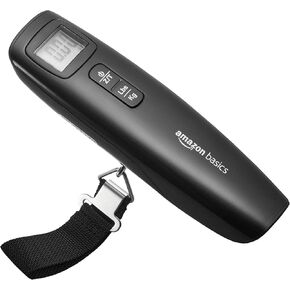 Amazon Basics Portable Digital Luggage Scale for Travel, Hanging Baggage Scale, Suitcase Weight Scale with Battery Included, Digital Display, Flexible and Sturdy Strap, 110 LBS Load, one Size, Black