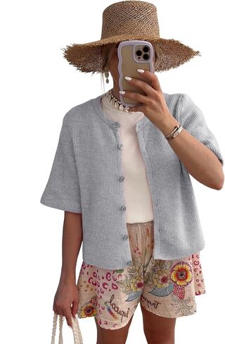 LOMON Womens Spring Summer Short Sleeve Cardigan Sweaters Trendy Crew Neck Button Down Lightweight Knit Outfit Y2k Clothes in Kuwait