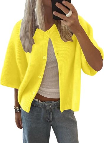 LOMON Womens Spring Summer Short Sleeve Cardigan Sweaters Trendy Crew Neck Button Down Lightweight Knit Outfit Y2k Clothes in Kuwait