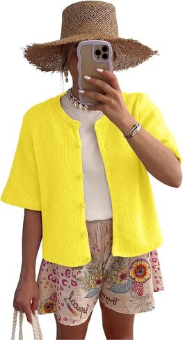 LOMON Womens Spring Summer Short Sleeve Cardigan Sweaters Trendy Crew Neck Button Down Lightweight Knit Outfit Y2k Clothes in Kuwait