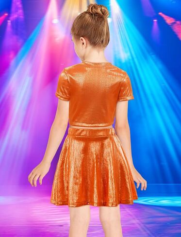 Happy Cherry Girls Tops Metallic Crops مع تنورة مطوية لامعة 2 PCS مجموعة أطفال قصيرة الأكمام رقص سباركلي ملابس ديسكو 3-12Y in Kuwait