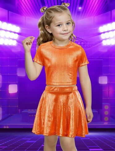 Happy Cherry Girls Tops Metallic Crops مع تنورة مطوية لامعة 2 PCS مجموعة أطفال قصيرة الأكمام رقص سباركلي ملابس ديسكو 3-12Y in Kuwait