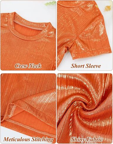 Happy Cherry Girls Tops Metallic Crops مع تنورة مطوية لامعة 2 PCS مجموعة أطفال قصيرة الأكمام رقص سباركلي ملابس ديسكو 3-12Y in Kuwait