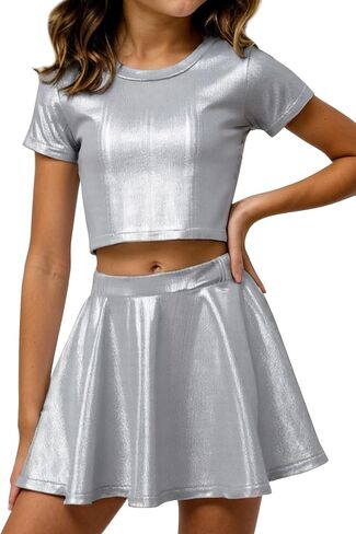 Happy Cherry Girls Tops Metallic Crops مع تنورة مطوية لامعة 2 PCS مجموعة أطفال قصيرة الأكمام رقص سباركلي ملابس ديسكو 3-12Y in Kuwait