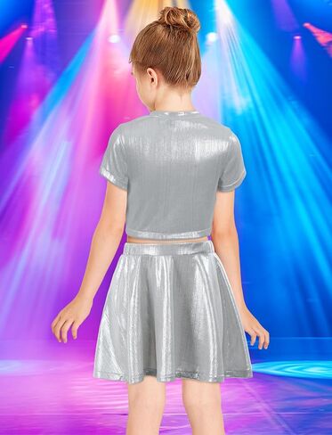 Happy Cherry Girls Tops Metallic Crops مع تنورة مطوية لامعة 2 PCS مجموعة أطفال قصيرة الأكمام رقص سباركلي ملابس ديسكو 3-12Y in Kuwait