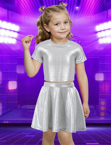 Happy Cherry Girls Tops Metallic Crops مع تنورة مطوية لامعة 2 PCS مجموعة أطفال قصيرة الأكمام رقص سباركلي ملابس ديسكو 3-12Y in Kuwait