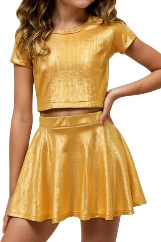 Happy Cherry Girls Tops Metallic Crops مع تنورة مطوية لامعة 2 PCS مجموعة أطفال قصيرة الأكمام رقص سباركلي ملابس ديسكو 3-12Y in Kuwait