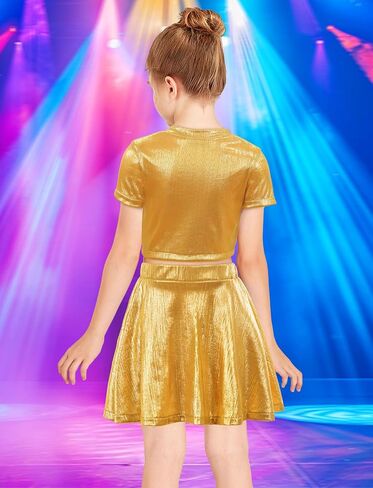 Happy Cherry Girls Tops Metallic Crops مع تنورة مطوية لامعة 2 PCS مجموعة أطفال قصيرة الأكمام رقص سباركلي ملابس ديسكو 3-12Y in Kuwait