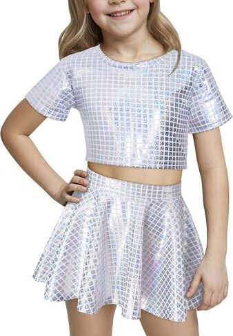 Happy Cherry 2Pcs Girls Dance Set Metallic Crop Tops with Pleated Skirt Kids Short Sleeve Shiny Jazz Disco Outfits 3-13Y in Kuwait