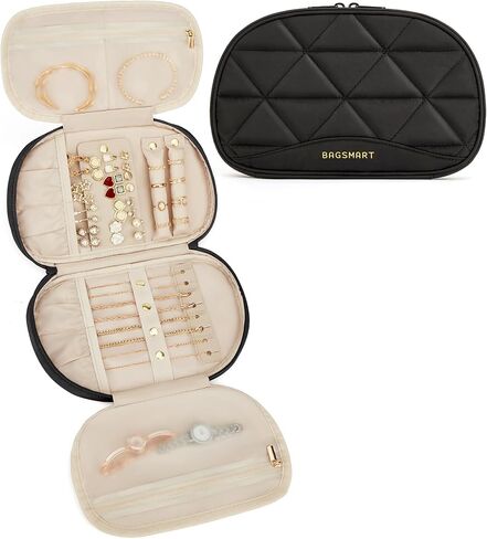 BAGSMART Travel Jewelry Case Jewelry Organizer Storage Roll Rings Necklaces Earrings Bracelets Brooches Watch Large Portable Black in Saudi Arabia
