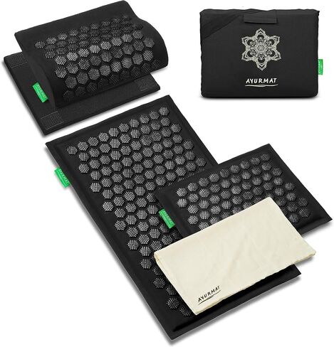 Acupressure Mat and Pillow Set,Natural Eco-Friendly Linen & Coconut Fiber,Acupressure Mat FSA/HSA Eligible,Relieves Stress & Tension,with Carrying Bag,Full Body Pro Set(Black) in Kuwait