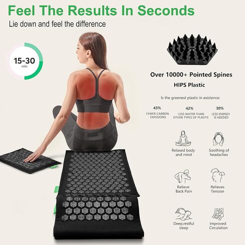 Acupressure Mat and Pillow Set,Natural Eco-Friendly Linen & Coconut Fiber,Acupressure Mat FSA/HSA Eligible,Relieves Stress & Tension,with Carrying Bag,Full Body Pro Set(Black) in Kuwait