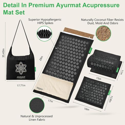 Acupressure Mat and Pillow Set,Natural Eco-Friendly Linen & Coconut Fiber,Acupressure Mat FSA/HSA Eligible,Relieves Stress & Tension,with Carrying Bag,Full Body Pro Set(Black) in Kuwait
