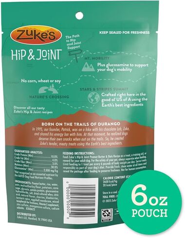 Zukes Hip and Joint Dog Treats، كيس طبيعي ناعم ومطاطي من لدغات الحلوى، وصفة زبدة الفول السوداني والشوفان - 16 أونصة. شنطة in Kuwait
