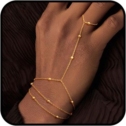 Gold Hand Chain Bracelet for Women, 14k Gold Plated Finger Ring Bracelet Dainty Adjustable Gold Hand Bracelets for Women Non Tarnish Trendy Simple Jewelry for Women in Saudi Arabia