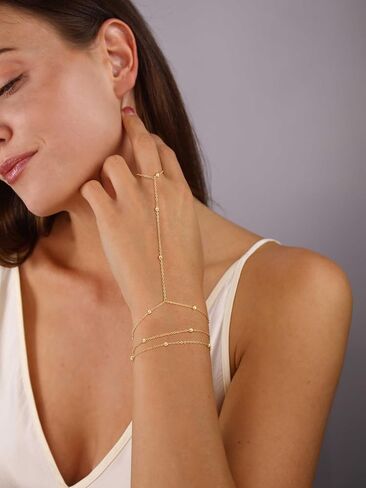 Gold Hand Chain Bracelet for Women, 14k Gold Plated Finger Ring Bracelet Dainty Adjustable Gold Hand Bracelets for Women Non Tarnish Trendy Simple Jewelry for Women in Saudi Arabia