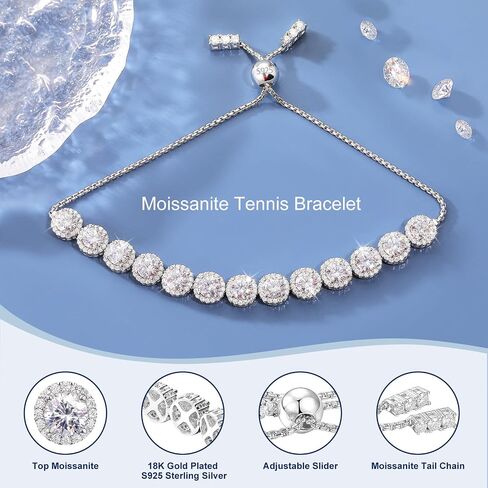 Moissanite Halo Bracelet 4.9CT-8.0CT Lab Grown Moissanite Bracelet for Women 18K White Gold Plated S925 Sterling Silver Adjustable Tennis Bracelet Mothers Day Gifts for Mom/Wife in Kuwait