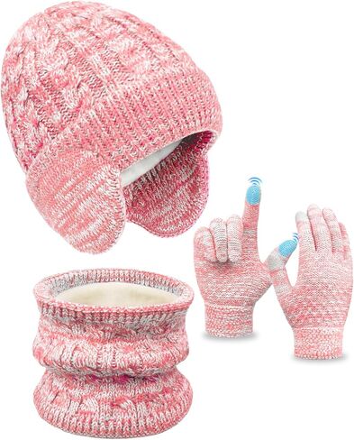 Kids Winter Hat Gloves Scarf Set,Toddler Girls Boys Beanie Hat with Earflaps,Knit Mittens & Neck Gaiter Warmer for Kids 4-12 in Saudi Arabia