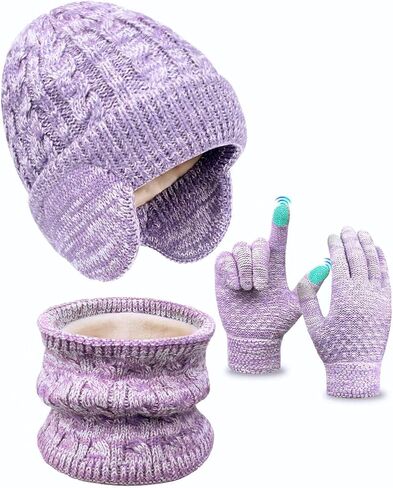 Kids Winter Hat Gloves Scarf Set,Toddler Girls Boys Beanie Hat with Earflaps,Knit Mittens & Neck Gaiter Warmer for Kids 4-12 in Saudi Arabia