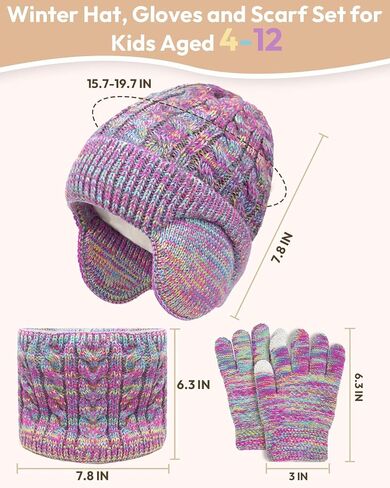 Kids Winter Hat Gloves Scarf Set,Toddler Girls Boys Beanie Hat with Earflaps,Knit Mittens & Neck Gaiter Warmer for Kids 4-12 in Saudi Arabia
