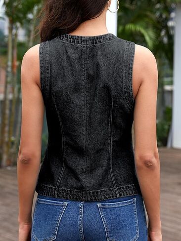 ELLEVEN Women’s Crew Neck Denim Vest Summer, Button Down Fitted Jean Vest Top for Women Casual Outerwear Waistcoat in Saudi Arabia