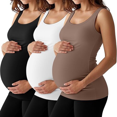 3 Pack Maternity Tank Tops Pregnancy Sleeveless Yoga Workout Cotton Shirts Scoop Neck Racer Back Athletic Tees in Kuwait