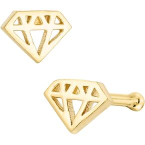 20G Solid 14K Yellow Gold Diamond Icon Nose Stud, Diamond Shape Nose Ring L-Bend, Ball-end, Nose Screw Stud, Unisex Nose Ring