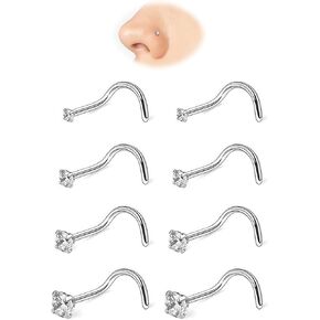 8Pcs Corkscrew Nose Rings Screw Studs Set - 20G Hypoallergenic Surgical Steel, Non Tarnish & Comfort, Diamond-Like Sparkle Cubic Zirconia - Available in 1.5mm/2.0mm/2.5mm/3.0mm