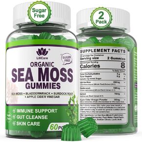 Sea Moss Gummies - Irish Sea Moss Gummies for Adults & Kids - Advanced Superfood Seamoss Supplement with Organic Bladderwrack & Burdock Root Extract，ACV for Daily Immune, Gut Cleanse, Vegan, 60 Counts