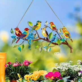 Bird Standing on A Branch Stained Window Hanging Ornament, Bird Decoration Sign Garden Stained Acrylic Window Panel, Great Gift for Mom Grandma and Bird Loves for Birthday Mother's Day or Housewarming