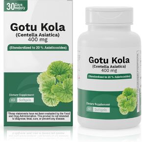 Gotu Kola 400mg (Centella Asiatica) | 60 ناعمة ، موحدة إلى 20 ٪ من الأسياتكوزيدات ، غير المعدلة وراثيا ، خالية من الغلوتين ، العشبية للاستخدام اليومي