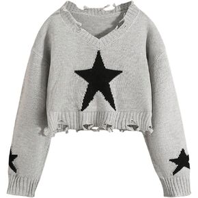 فتاة نجم طباعة الخامس من العنق سفن صوفية خام من الأكمام الطويلة محصول pullover tops knitwear