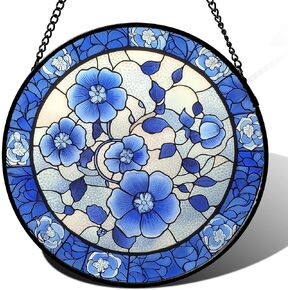 Stained Glass Window Hanging, Blue and White Plum Blossom Sun Catcher for Door Home Decor Flowers Suncatcher Christmas Mother's Day Birthday Gifts for Women Men Mom and Nana 7.8 in